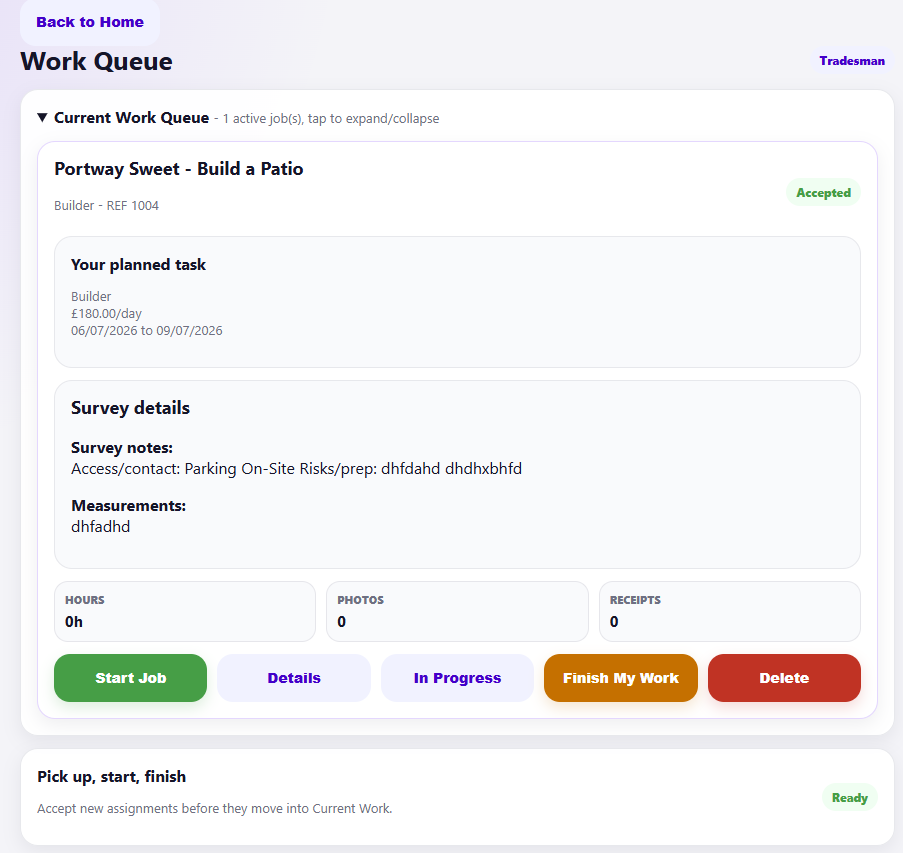 Tradesmen Start Job Screen