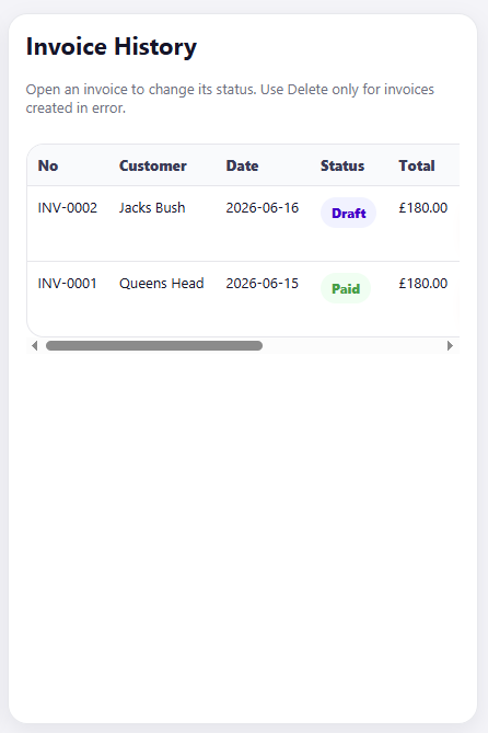 Private Job Invoice History